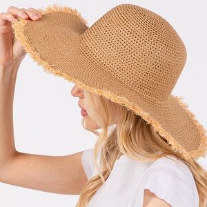 Tan Frayed Straw Floppy Hat